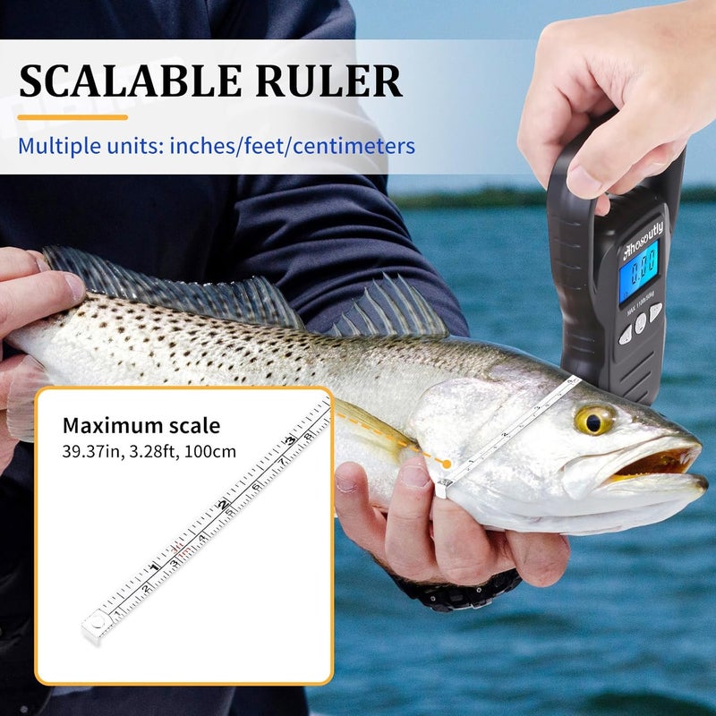 AHOSOUTLY Fish Scale,110lb/50kg Large Handle,Large Backlit LCD Display,Digital Fish Scale with Built-in Measuring Tape, Fishing Gifts for Men,Black… - Image 4